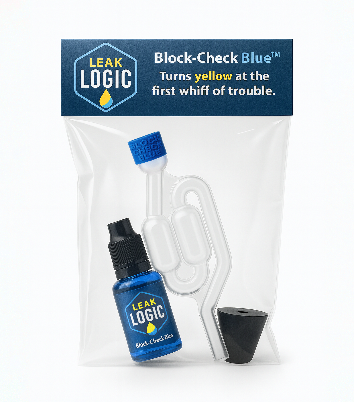 LeakLogic Block-Check Blue kit bottle and testing apparatus.