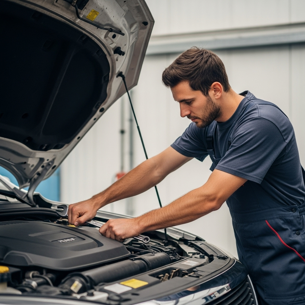 A person inspecting the engine of a used car.