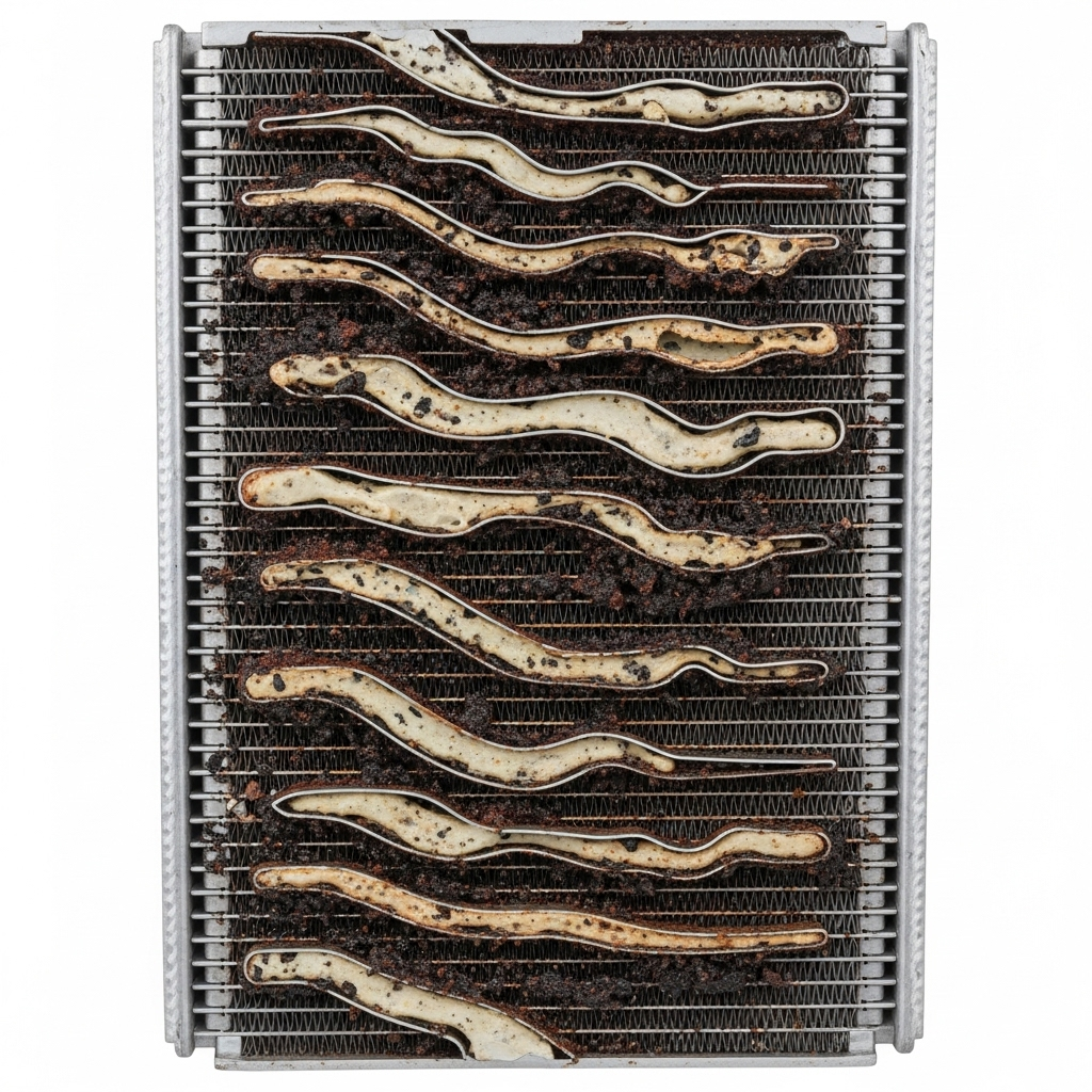 A cutaway of a clogged car radiator showing passages blocked by sludge and sealant.