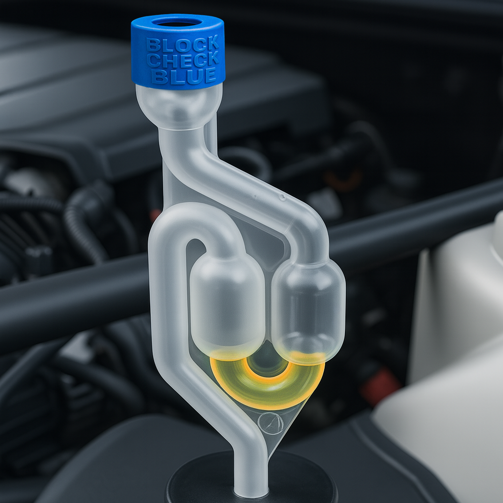 A head gasket tester showing a positive result with the fluid turned bright yellow.