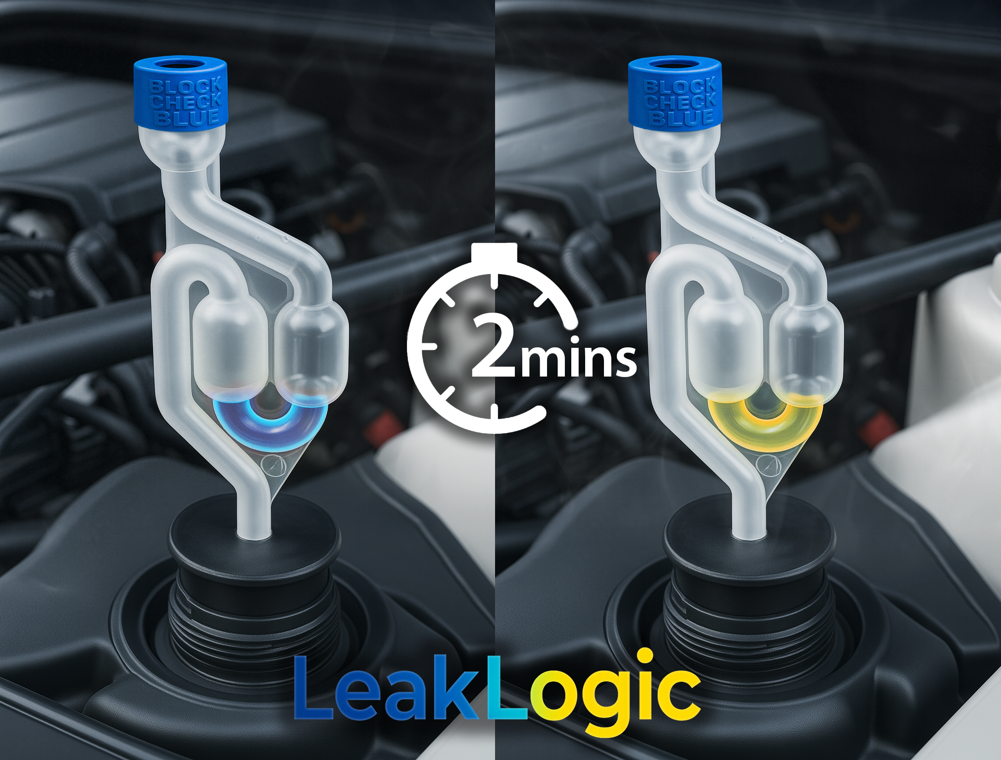 Two test vials, one blue for 'No Leak Found' and one yellow for 'Leak Confirmed'.
