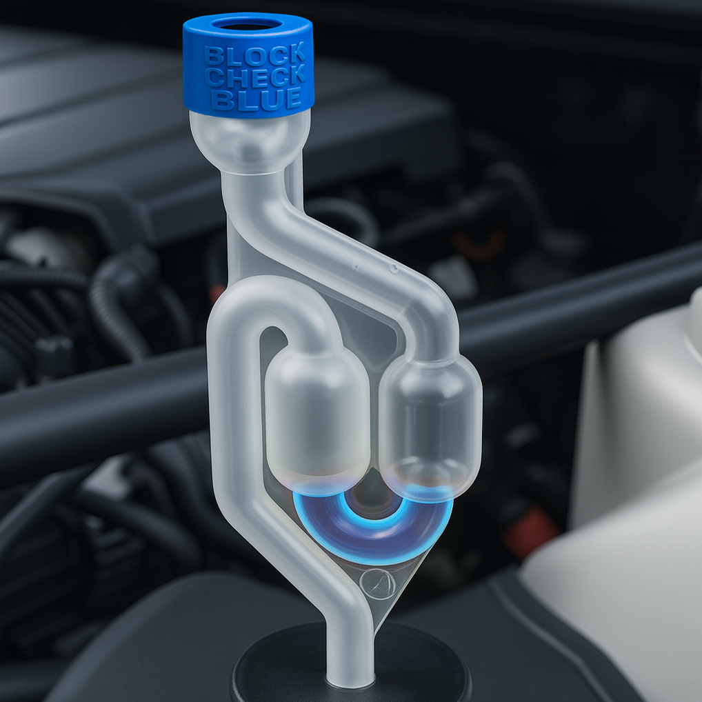 The LeakLogic combustion leak tester inserted securely into a car's expansion tank.