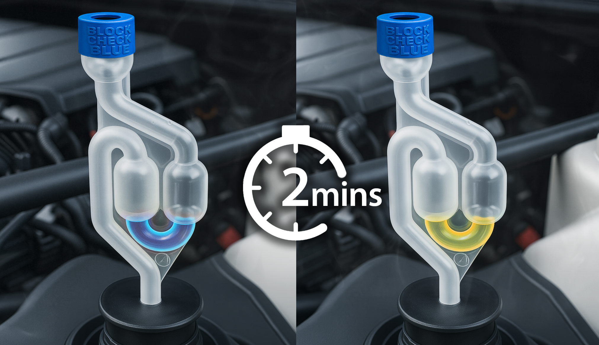 Head gasket tester fluid changes from blue to yellow, indicating a positive test for a blown head gasket.