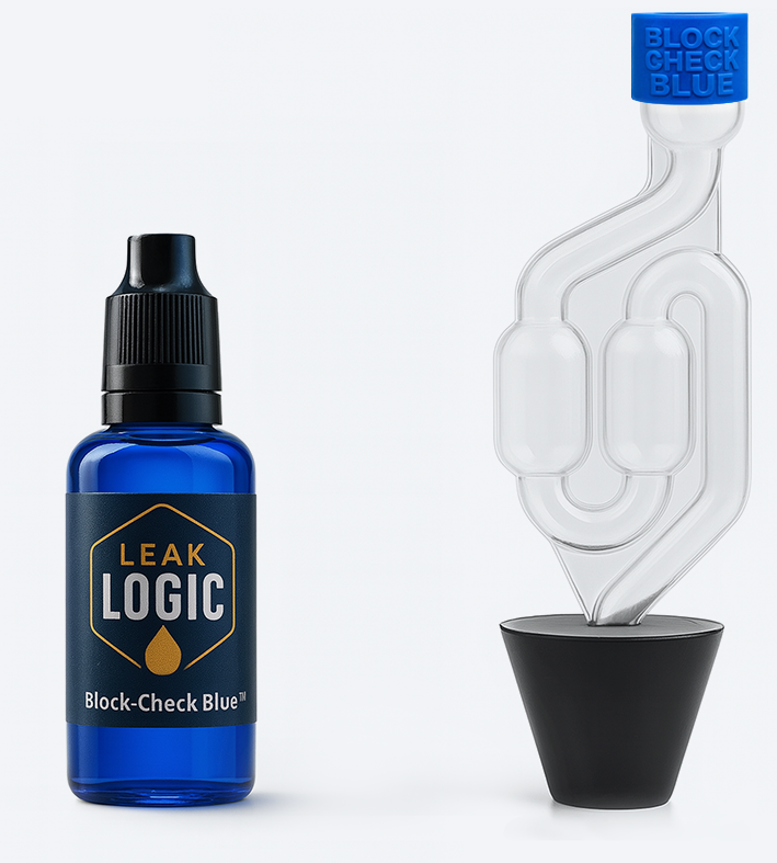 Components of the LeakLogic Block-Check Blue head gasket test kit.